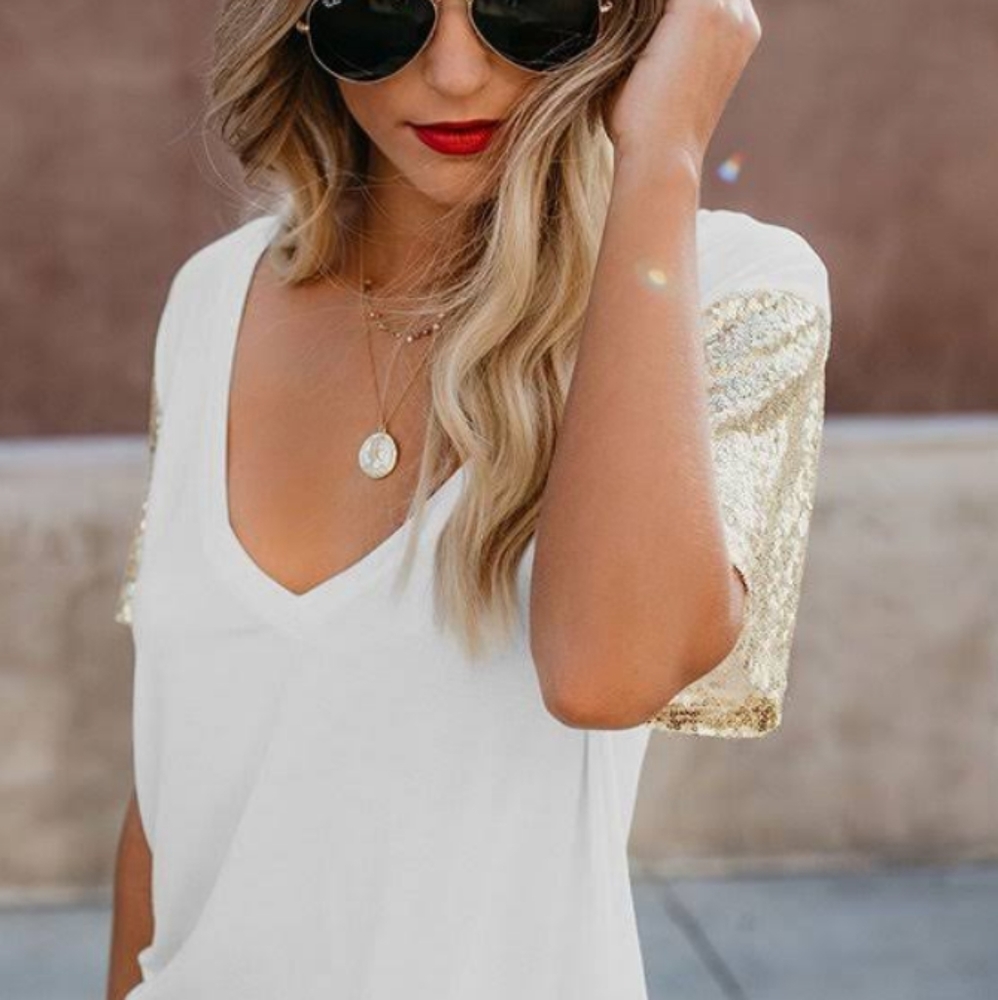 Boutique Sparkling Gold Sleeved Sequin V Neck Casual T-shirt - Picture 8 of 10